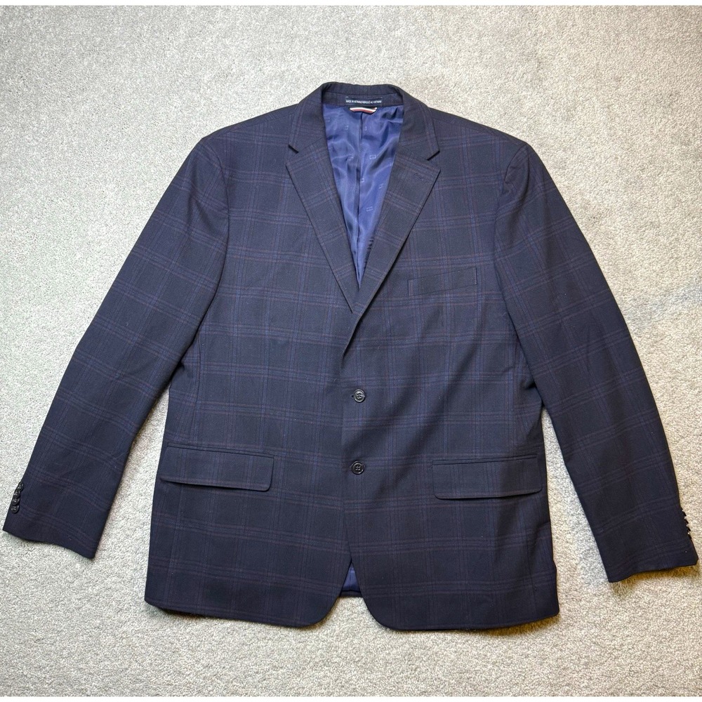 Tommy Hilfiger Mens Blazer 48R Blue Plaid Check Two Button Sport Coat Jacket